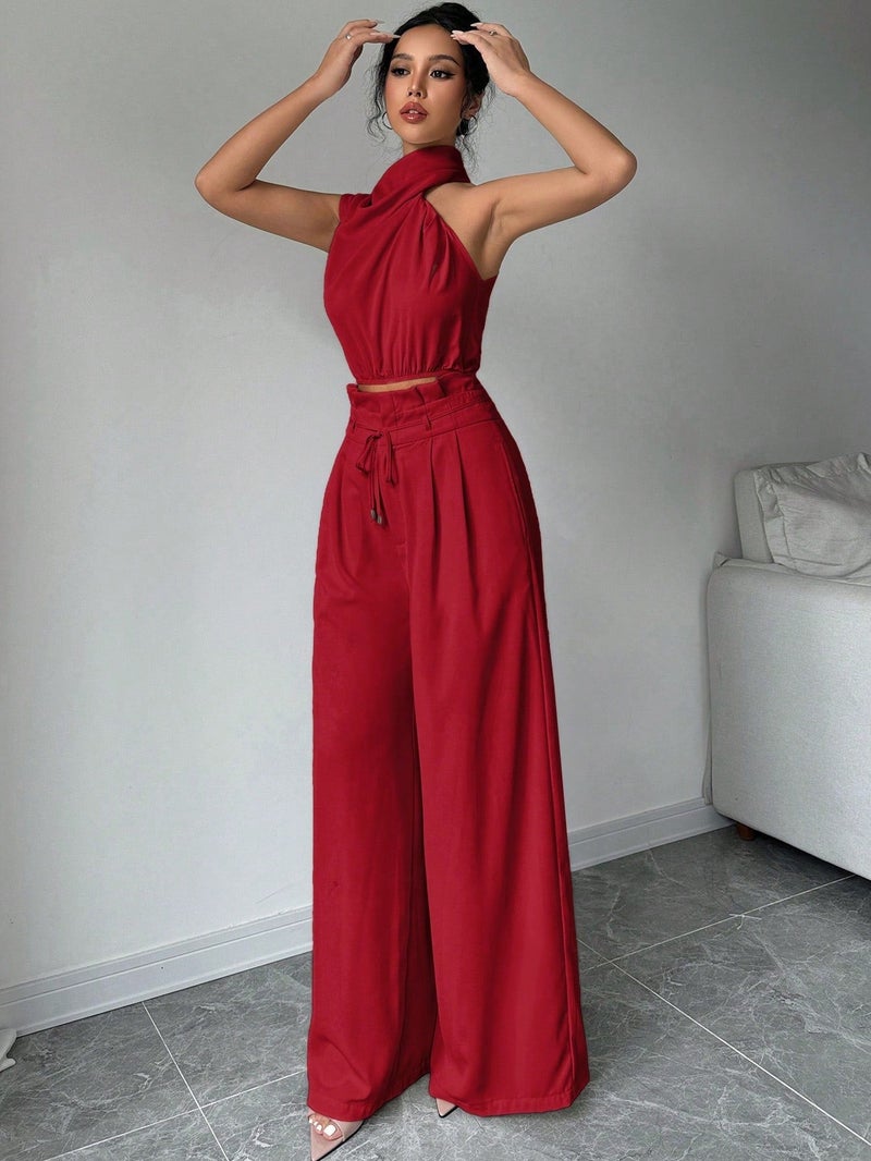 OUTZIDR Red Asymmetrical High Neck Top with Wide Straight Pant Co-Ord Set - Image 3